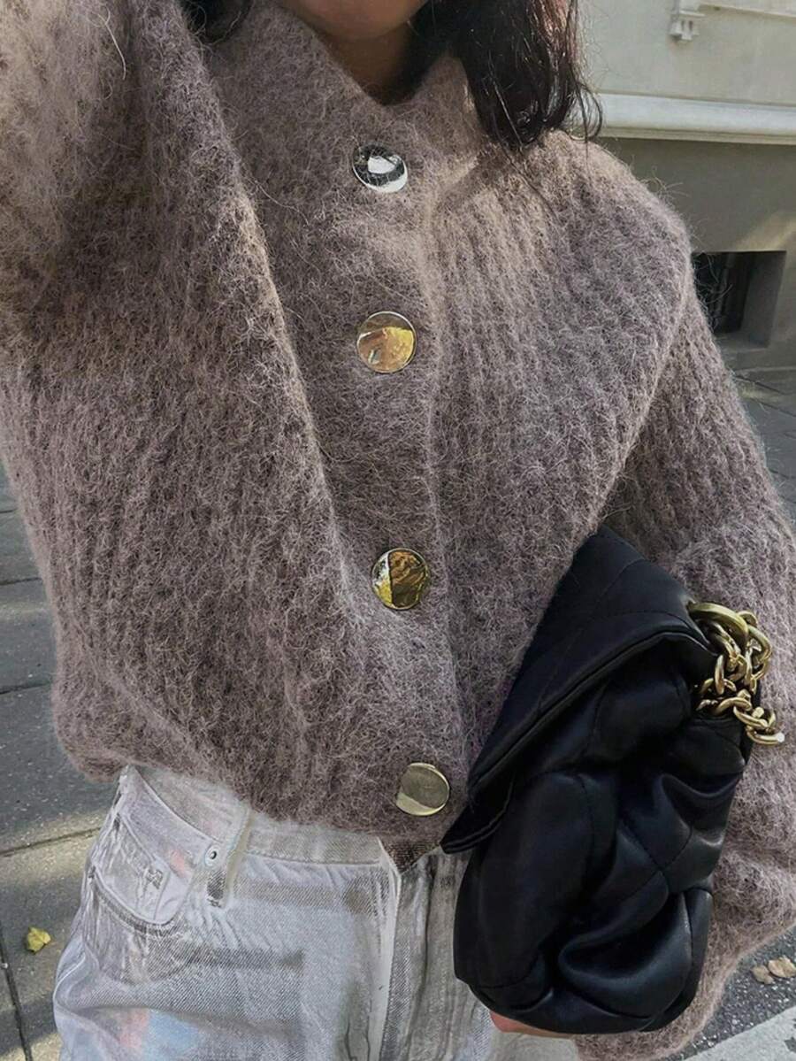Women's New Simple Solid Color Soft Fuzzy Knit Cardigan - Maroon - View 1