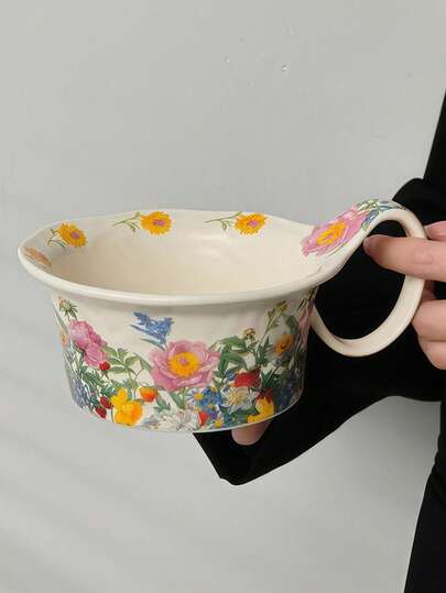 1个复古花卉陶瓷搅拌碗，带把手 - 色彩缤纷的植物和蝴蝶图案，大容量，适用于烘焙和厨房装饰