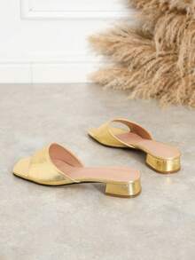 Dép lê quai kim loại thời trang nữ, màu đỏ tía, gót thấp, thoải mái, đa năng, chống trơn trượt, kiểu La Mã. - Vàng - Xem 7