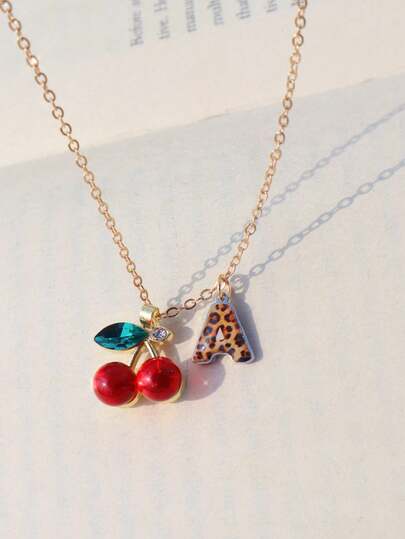 1 pieza Collar de cereza, 1 pieza Collar con colgante de letra A con estampado de leopardo, Collar con colgante de cereza en forma de fruta linda, Collar de cereza roja, Collar con colgante de cereza para mujer
