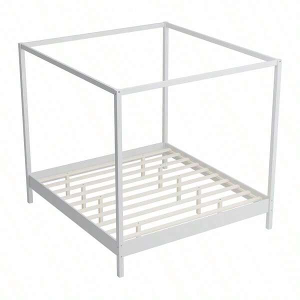 Solid Wood King Size Canopy Bed Frame Four Poster Platform Bed With Slats Support No Box Spring Needed White