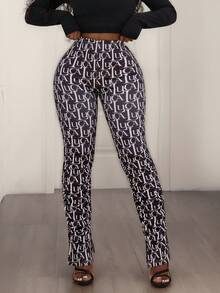 Plus Size Stretchy Elegant Knit Casual Daily Fashion Comfortable Versatile Pants, All-Over Digital Print, Slit Leg Design, Suitable For Minimalist, Sexy, Pure, Vacation, Singles Party, Travel, Stage And Concert Outfits - Multicolor - View 5