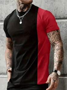 Men's T-Shirt Splicing Two-Color Short-Sleeved T-Shirt Hip Hop Casual Loose Round Neck Street Casual Style - Patchwork red and black - View 5