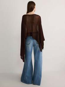 Women's Pullover Poncho Sweater Boat Neck Solid Color Asymmetrical Knit Tops Shawl Wraps - Coffee Brown - View 6