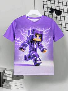 Camiseta casual y elegante con estampado de dibujos animados, camiseta de manga corta y cuello redondo con diseño de dibujos animados y fresco, ropa infantil para todas las estaciones, producto talla grande vendido para uso al aire libre - Morado Violeta - Ver 2