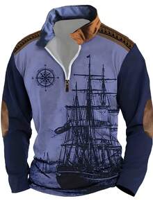 Polo de manga larga con media cremallera, elemento náutico retro para hombre, casual, cómodo, para deportes al aire libre, moda callejera, azul, primavera/otoño/invierno