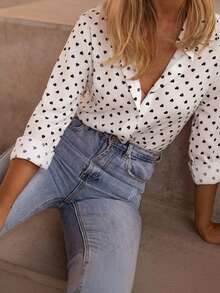 SUNSTORY Women's White Heart Print Collared Long Sleeve Shirt, Fresh Casual Style, Suitable For Holiday Outings, Gatherings, Beach, Daily Commute - White - View 5