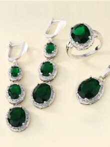 Bộ 4 vòng cổ, hoa tai và nhẫn hình bầu dục màu xanh lá cây ombre - 1 đôi hoa tai, 1 vòng cổ, 1 nhẫn, bộ trang sức hình bầu dục chuyển màu, 3 tùy chọn màu - Xem 11