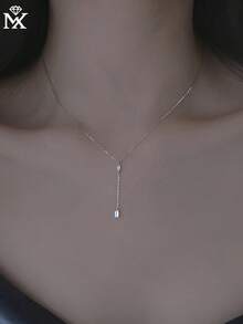 1件925纯银水滴形和方形钻石组合吊坠项链，优雅饰品，适合日常佩戴