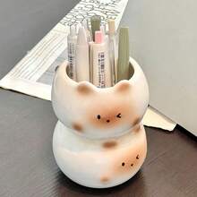 1 pieza Organizador de cerámica apilable con diseño de gato lindo - Multifuncional para brochas de maquillaje, bolígrafos o plantas pequeñas, diseños adorables en negro y beige para escritorio y tocador