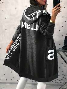 Sudadera con capucha de mujer con diseño de letra, estilo casual minimalista, de punto suave y cálido, de manga larga