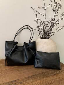 Stylish And Unique Drawstring Embellished Women's Tote Bag; High-End And Elegant Solid Color Minimalist Style Shoulder Bag; Modern Minimalist Style Autumn And Winter Commuter Bag, Suitable For College Students' Daily Travel, Lightweight And Large-Capacity Storage Commuter Bag - Black - View 7