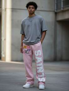 Saints Brand New Elastic Waist Design Relaxed Casual Style Pink Floor-Length Sports Pants With Embroidered Patch Pattern - Hồng - Xem 5