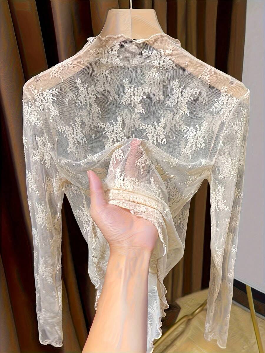 女士蕾丝高领汗衫，优雅网眼长袖上衣 - 杏色 - 查看 1