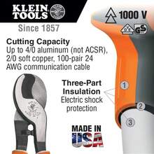 Klein Tools Electricians Cable Cutter Insulated 1000 V Rated 63050EINS - OrangeBlack - View 2