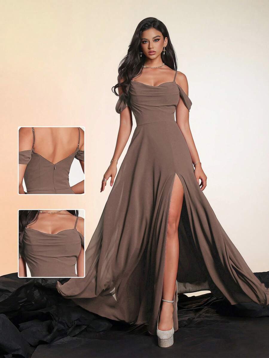 Vestido de Festa Longo Chiffon de Fenda Alta com Alças Finas Cor Mocha Elegante, Vestido Sereia de Comprimento até o Chão, Vestidos Formais e de Festa para Mulheres, Vestidos de Formatura Clássicos, Vestidos de Dama de Honra para Mulheres