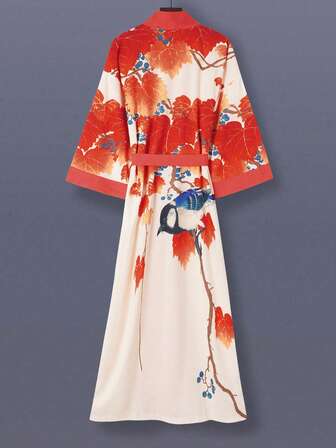 Floral & Bird Print Mid-Length 3/4 Sleeve Kimono Cover Up Lightweight Jacket, Elegant Casual Outerwear For Women, Suitable For Street, Beach, Travel, Loungewear