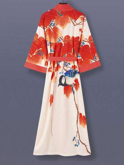 花卉和鸟类印花中长款 3/4 袖和服罩衫轻便夹克，优雅的女士休闲外套，适合街头、海滩、旅行、家居服