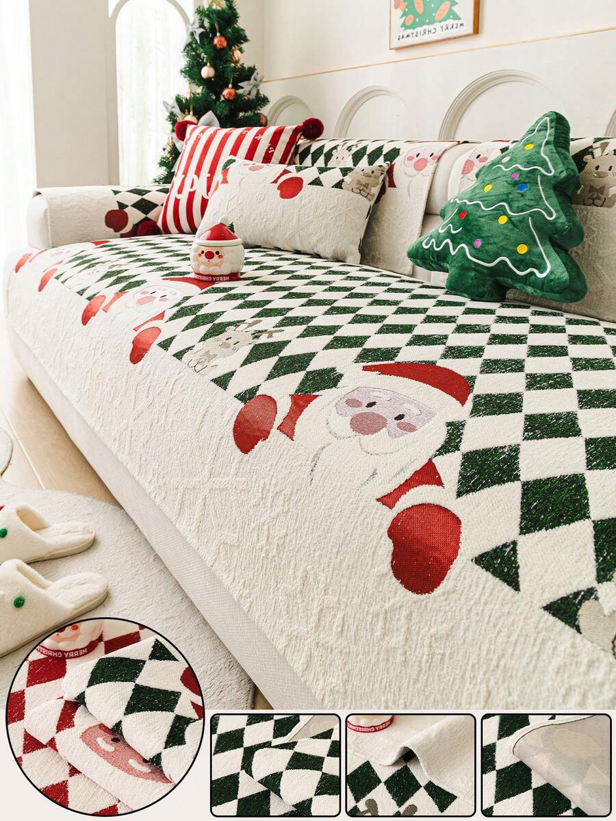1pc Christmas Sofa Cover, Soft & Comfortable, Can Be Spread Or Draped, Dust-Proof And Easy To Clean, Machine Washable, Pet Furniture Protector, Suitable For 2/3/4 Seater Sofas (Multiple Sizes Available), Suitable For Autumn Decor, Room Decor, Back To School, School Supplies - Green - View 1