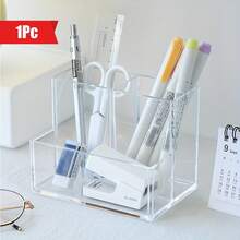 1pc Acrylic Transparent 3-Compartment Pen Holder, Desk Organizer Box, Suitable For Cosmetics And Stationery, Minimalist Multi-Function Desktop Storage - Multicolor - View 10