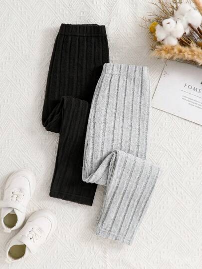 2pcs/Set Girls' Solid Color Elastic Waist Ribbed Leggings