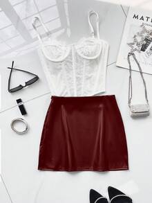 女士复古性感美式PU皮紧身迷你裙，纯黑色，四季皆宜，适合派对和节日穿着，春季款 - 酒紅色 - 查看 11