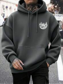 男士风景图案印花抽绳口袋连帽卫衣，时尚百搭，秋冬款 - 深灰色 - 查看 2