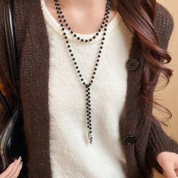 1pc Fashionable Faux Pearl Layered Sweater Chain Necklace, Suitable For Daily Wear, Parties, Gifts, And Gatherings