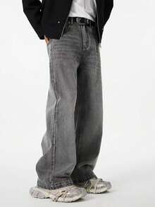 Grey Casual Wide Leg Washed Denim Jeans, Versatile All Season