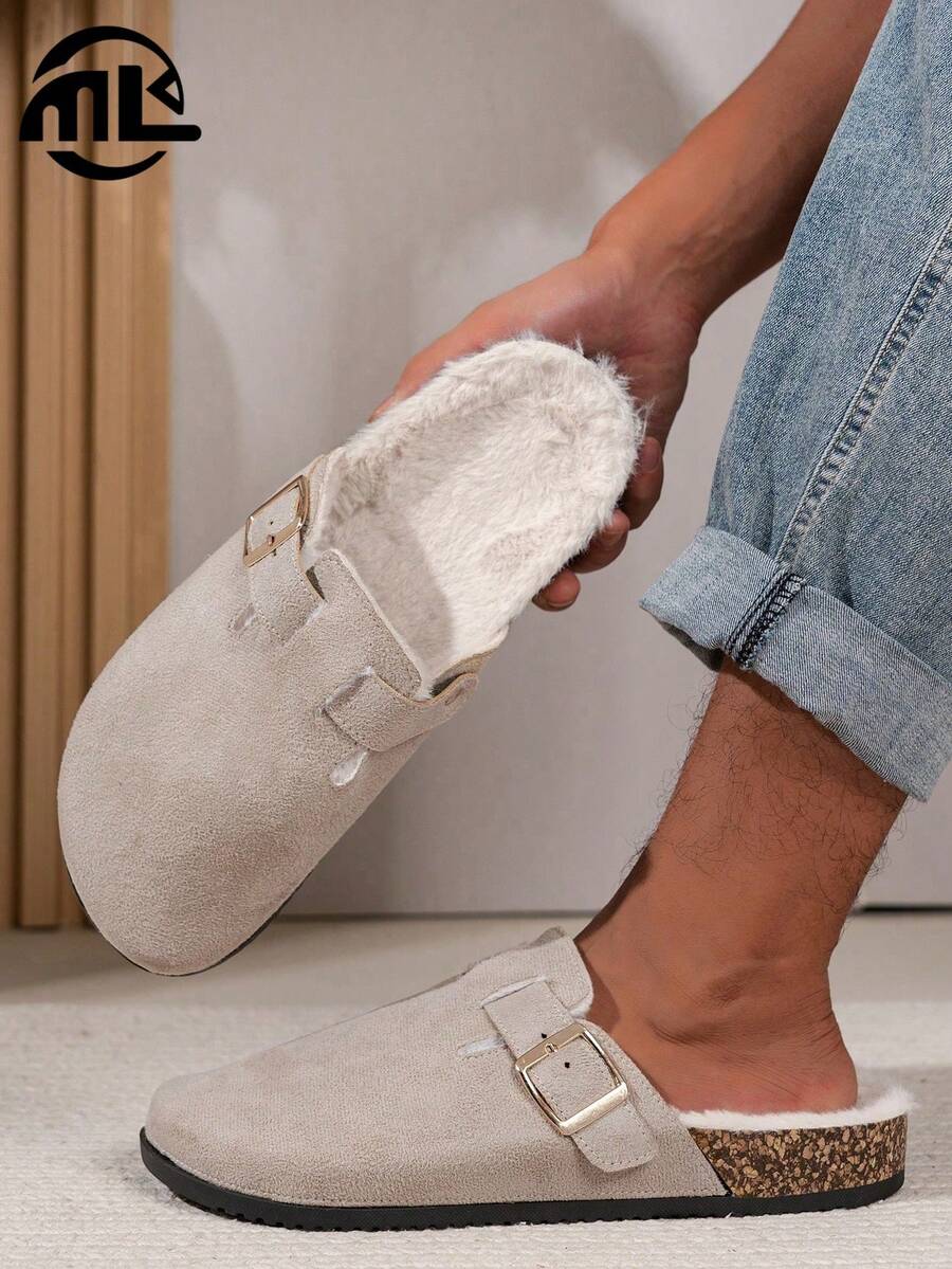 Unisex Fluffy Single Buckle Slippers, Comfortable For Indoor/Outdoor, Casual, Versatile Flat Slides