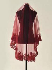 1件复古酒红色蕾丝边短头纱，中式婚礼新娘头饰圣诞节