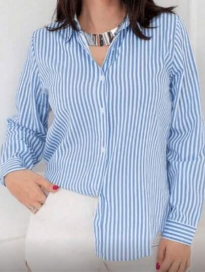 Camisa Social Feminina Blusa Manga Longa Listrada Com Botões Tendencia