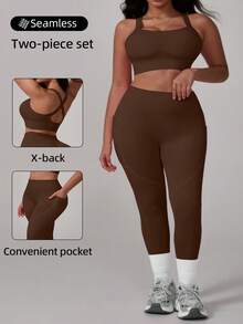 The Combination Of A Two-Piece Plus-Size Women's Cross-Strap Bra And Pocket Leggings Is Suitable For Outdoor Hiking. It Is Comfortable And Lightweight, And The Pocket Design Makes It Convenient To Carry A Mobile Phone - 棕色+棕色 - 查看 2