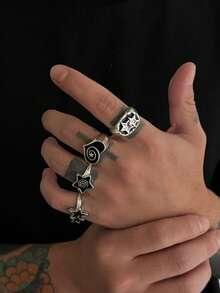 4pcs/Set Punk Hiphop Spiral Star Multielemental Metal Open Rings Set, Vintage Fashion, Suitable For Wedding, Party, Holiday, Casual, Street Snap, Men & Couples, Holiday, Birthday, Versatile Jewelry Ring Gift