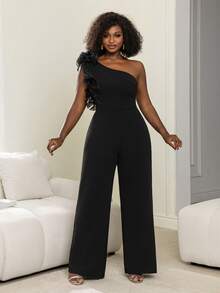Faeriesty One-Shoulder Jumpsuit: Pleated Floral Accents & Wide-Leg Silhouette. Glam Party Style.. Wedding Black - Black - View 5