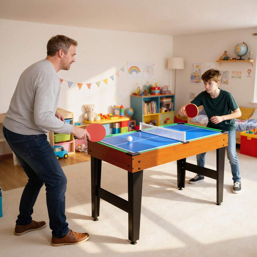 SPORTNOW Mesa Multijuegos 5 en 1, Mesa de Juego con Futbolines para Niños, Billar, Ping-pong, Hockey y Baloncesto, Diversión Familiar para Adultos y Niños, 134x108x144 cm, Natural y Negro - Marrón - Ver 1