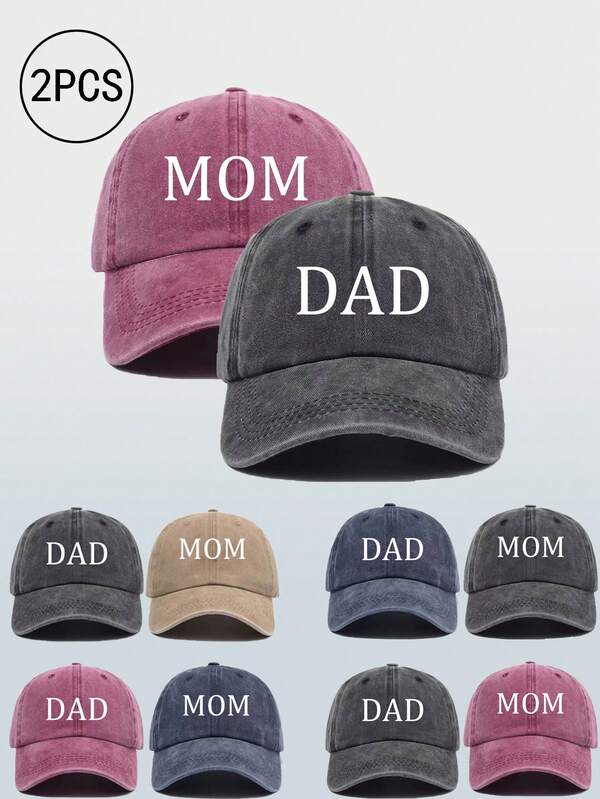 2 Pieces Of Dad And Mom Letter Printed Baseball Caps, Retro Washed Vintage Pointed Hat, Unisex Adjustable Lightweight Sun Holiday Gifts For Parents