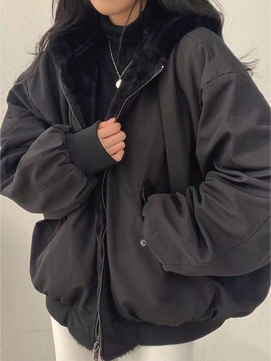 Womens Fleece Lined Jacket Reversible Full Zip Up Hoodie Oversized Warm Winter Coat With Pockets - Black - View 1