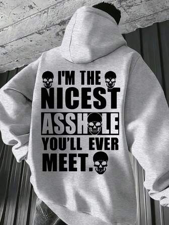 1 st Plus Size Herrtröja med slogan och dödskalletryck, långärmad, dragsko och ficka, casual, höst/vinter