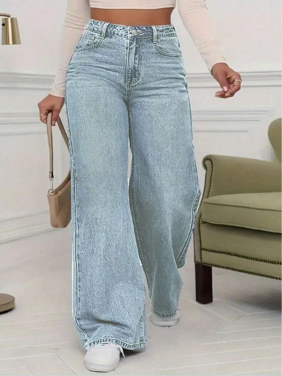 WGXWGX Plus-Size Women's Casual And Versatile Solid Color High-Waisted Straight-Leg Jeans With Slanted Pockets, Non-Stretch Loose-Fitting Jeans, Button And Zipper Closure, Perfect For Everyday Wear. - 淺色水洗藍 - 查看 1