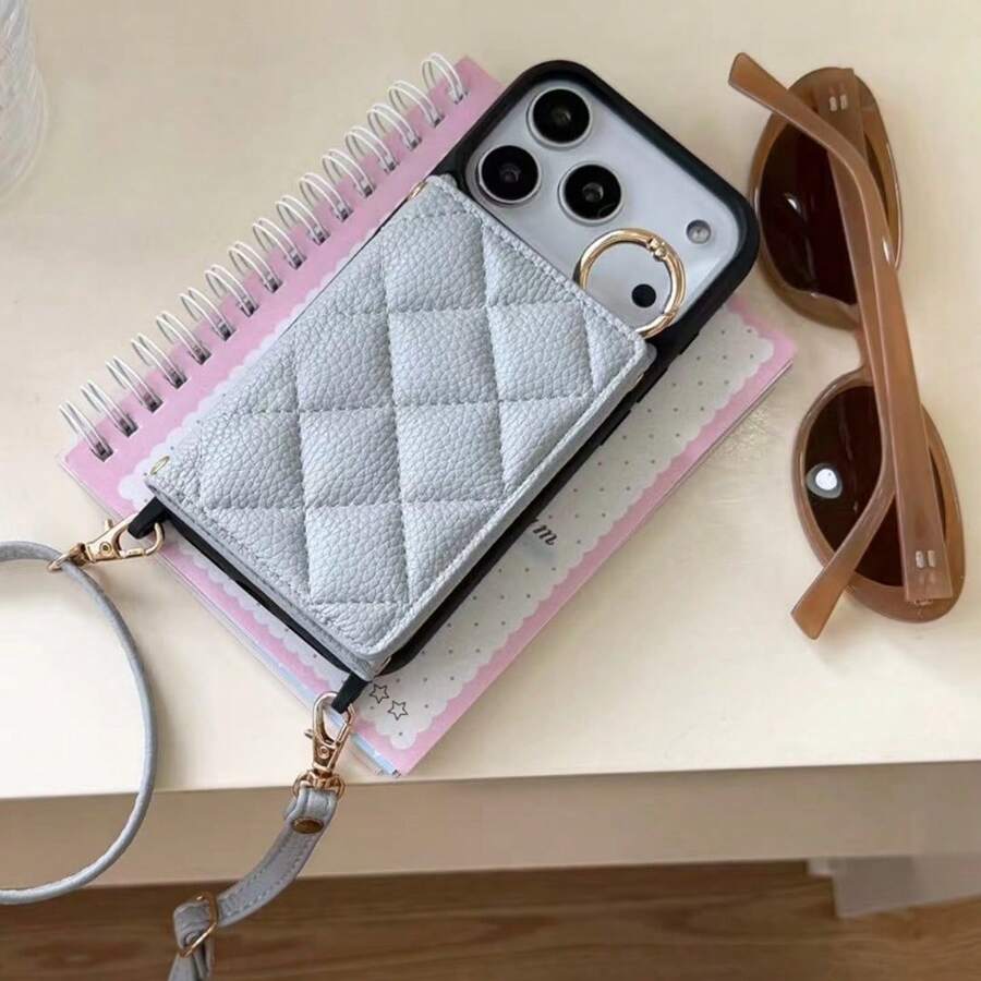 Popular Rhombus Fragrance Phone Pouch/Case, Multiple Card Slots, Premium Quilted Leather, Sheepswool Print, Crossbody Strap, Coin & Card Slots, Portable Vacation Protective Cover, Compatible With IPhone 17/17 Pro/17 Air/17 Pro Max/16 Pro Max/16/16 Pro/16 Plus/15/15 Pro/15 Pro Max/12/13/14 Pro Max/12 Pro/12 Pro Max/13 Pro/13 Pro Max/14 Pro/14 Pro Max/14 Plus/11/11 Pro/11 Pro Max, PU Leather Fashion Smartphone Case, Available In Pink, Black, White, Blue, Khaki, And Brown. Waterproof, Shockproof, Drop-Resistant, And Scratch-Resistant. - 藍色 - 查看 1