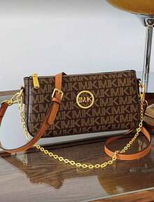 1pc Women's Multicolor Patchwork Square Shoulder Bag, Adjustable Strap, Letter & Chain Decor, Crossbody Bag, New Design - 咖啡棕 - 查看 3