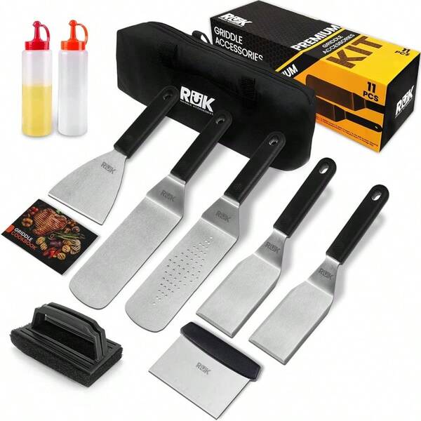Blackstone Griddle Accessories Kit RüK 11 PCS Flat Top Griddle Accessories Set With AntiScalding Long Handle Metal Spatula Griddle Scraper Cleaning Kit ECookbook For Blackstone And Camp Chef