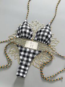 Women's Plaid Halter Tie Sexy Bikini Swimsuit Set, Summer Beach