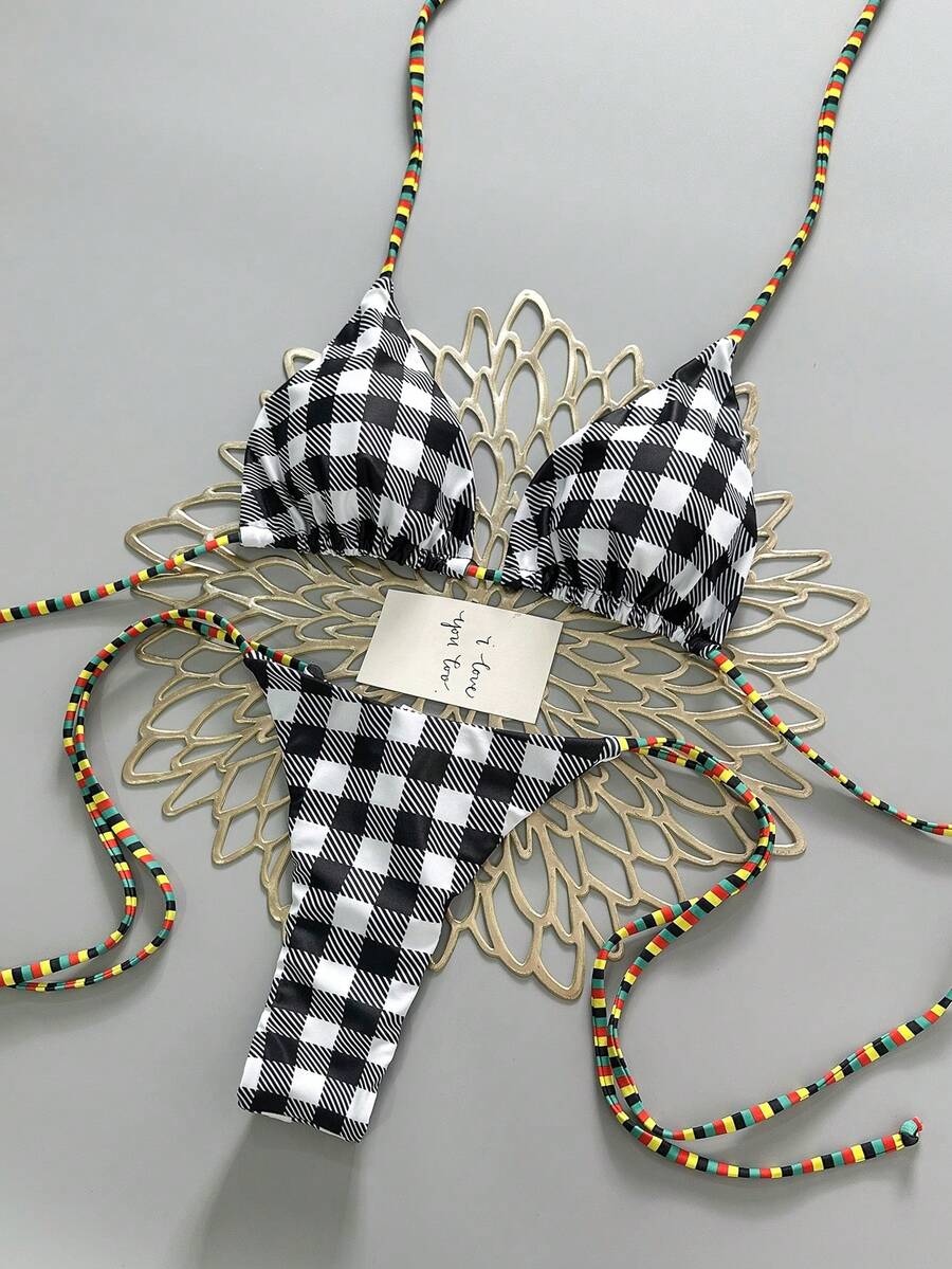 女士格子露背系带性感比基尼泳衣套装，夏季沙滩 - 黑與白 - 查看 1