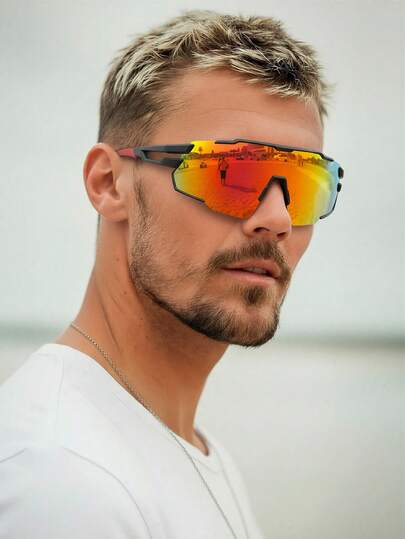 1 par de óculos de grau masculinos pretos em formato de escudo, com armação em policarbonato, lentes espelhadas vazadas e efeito mercúrio integrado, ideais para uso esportivo e ao ar livre.