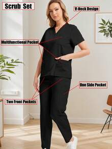 Women's Scrub Set Wear-Resisting Dental Nurse Uniform Scrubs V-Neck Top & Jogger Pants - Black - View 2