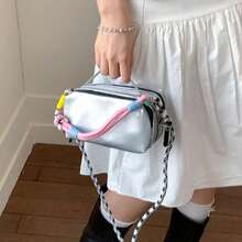 Women Casual Canvas Crossbody Bag With Colorful Rope Strap Durable Chic Square Shoulder Purse Daily Commute Bag - Silver - View 4