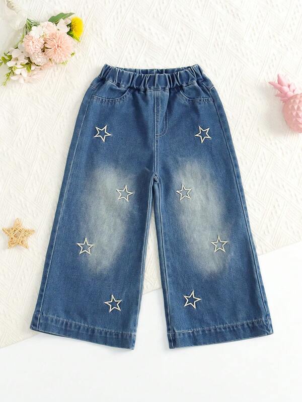 Calça jeans estilo fashion para meninas, caimento reto e solto, tecido macio e confortável, adequada para primavera/verão e outono/inverno, cor jeans azul escuro com bordado de estrelas
