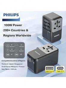 PHILIPS SPB1009B Multi-Country Adapter, Compatible With 200+ Countries And Regions, 100W High-Efficiency Charging, 2 A1 C USB Ports, Suitable For Travel And Business Trips. - EU C Type Plug(220-240V) - View 1